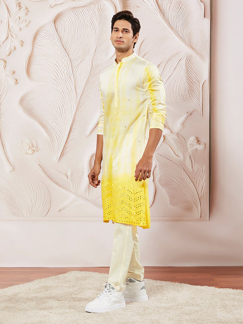 Men's Yellow Viscose Kurta Pyjama And Dupatta Set